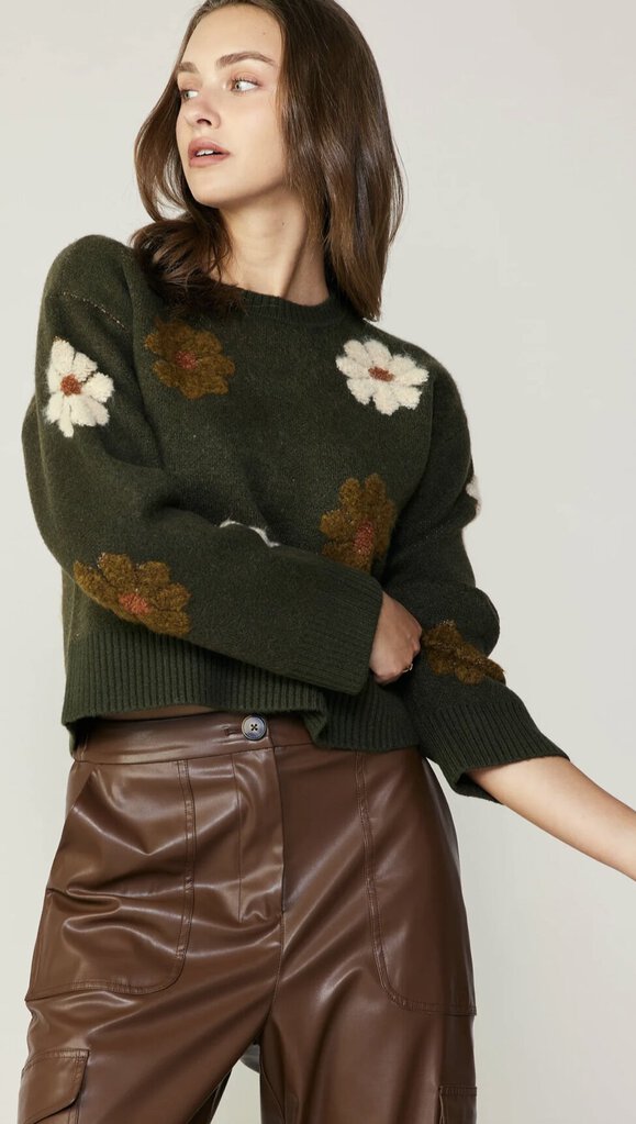 CURRENT AIR Green Moss Motif Round Neck Sweater