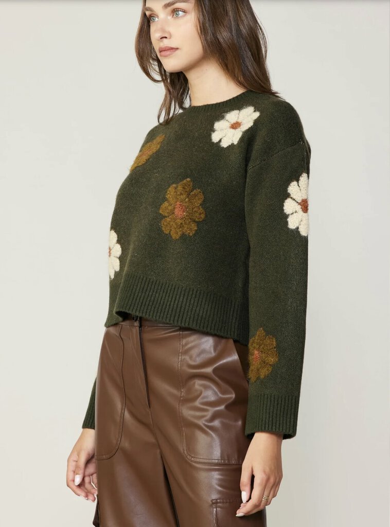 CURRENT AIR Green Moss Motif Round Neck Sweater