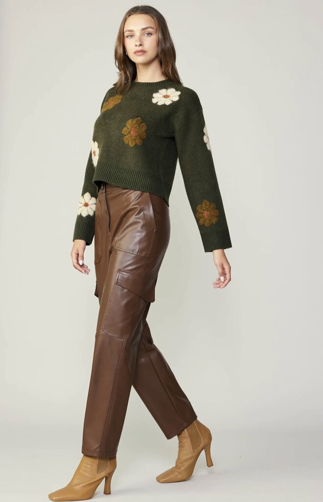 CURRENT AIR Green Moss Motif Round Neck Sweater