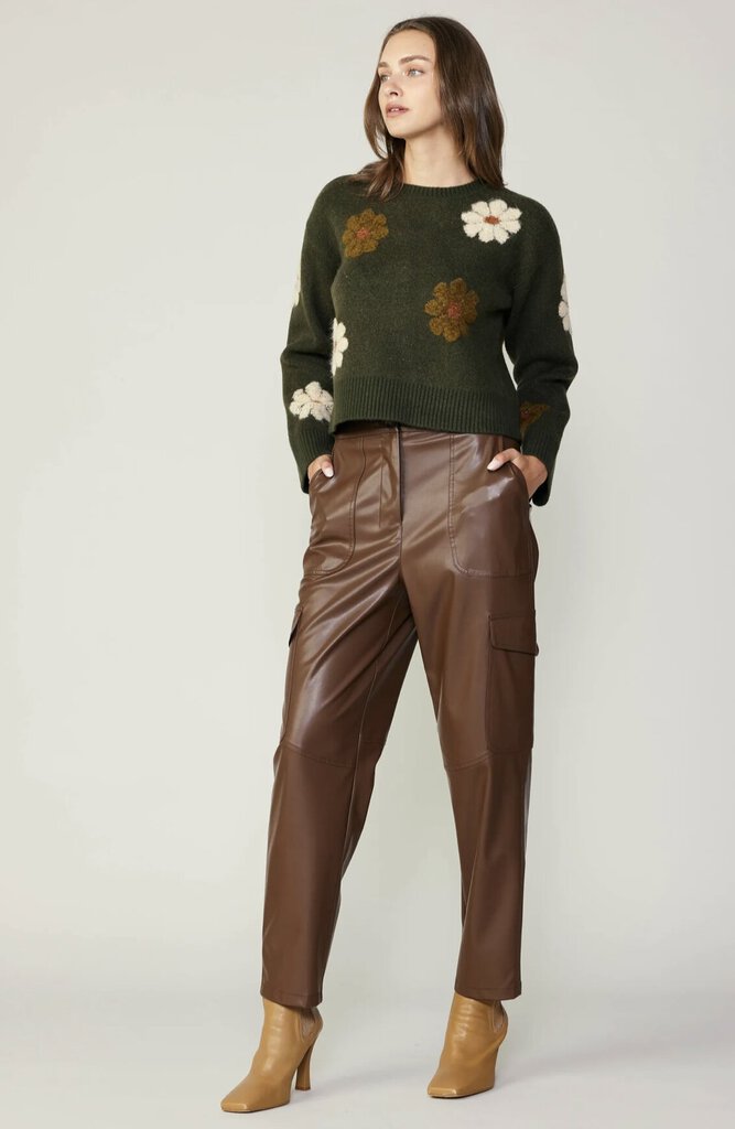 CURRENT AIR Green Moss Motif Round Neck Sweater