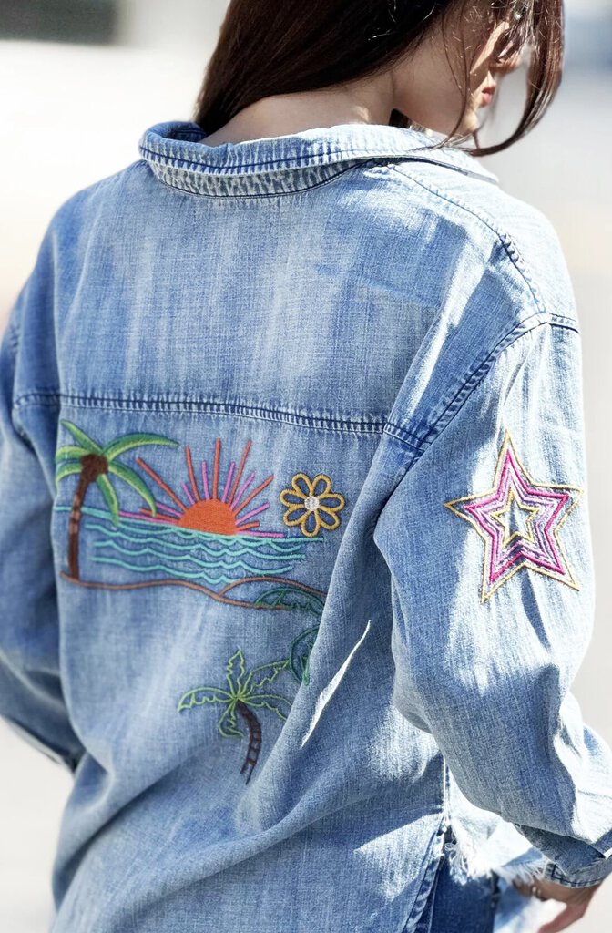 BILLY T Embroidered "Hop On" Denim long Sleeve Top