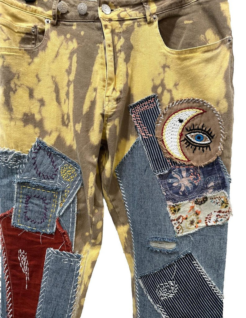 JADED GYPSY Mustard Tan Denim w/Patchwork and Embroidery Jean