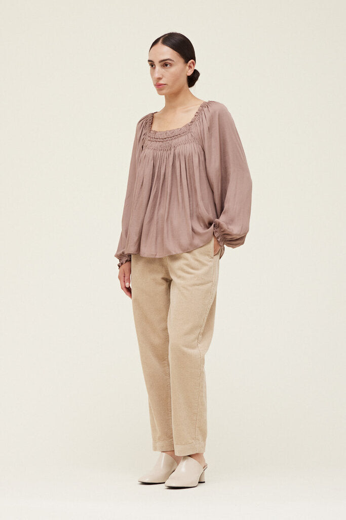 GRADE & GATHER DUSTY ORCHID HAND SMOCKING LONG SLEEVE BLOUSE