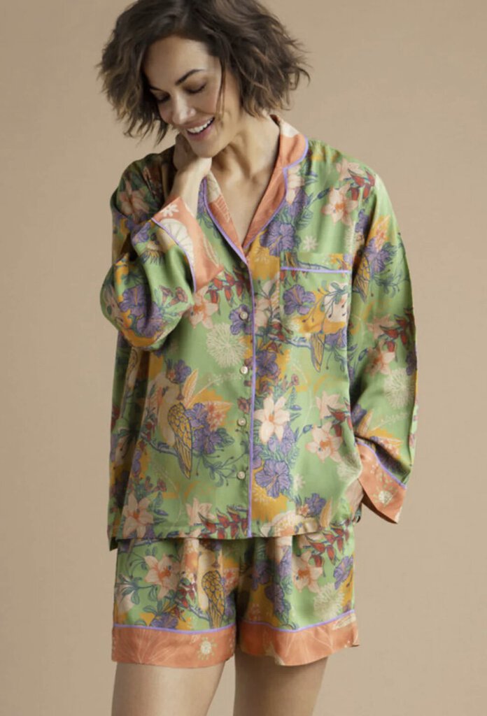 POWDER Sage Mix Tropical Birds Long Sleeve Button Up and Short Loungewear