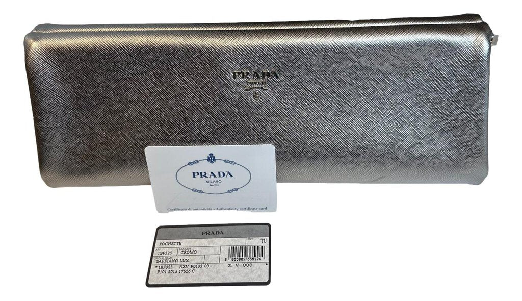 PRADA Silver Leather Saffiano East West Clutch Bag