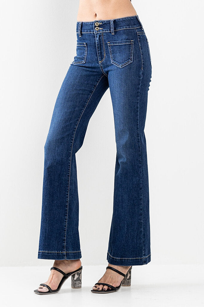 SNEAK PEEK Dark Wash Two Button Mid Rise Flare Jean with Front Pockets