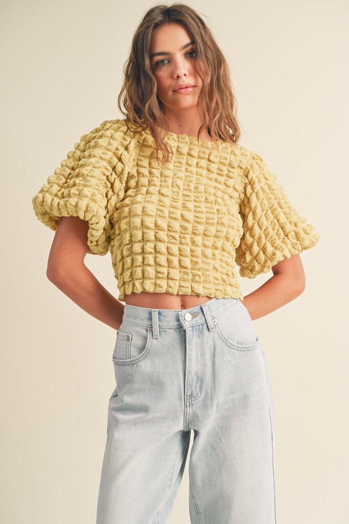 MIOU MUSE Lemon Grass Puff Sleeve Crinkle Top
