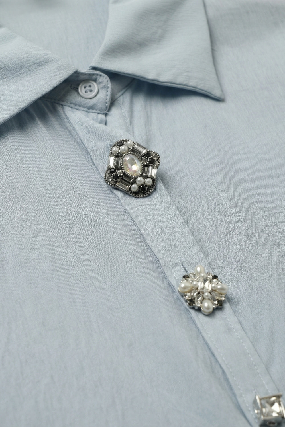Light Blue Embellished Button-Down Blouse in tencel fabric