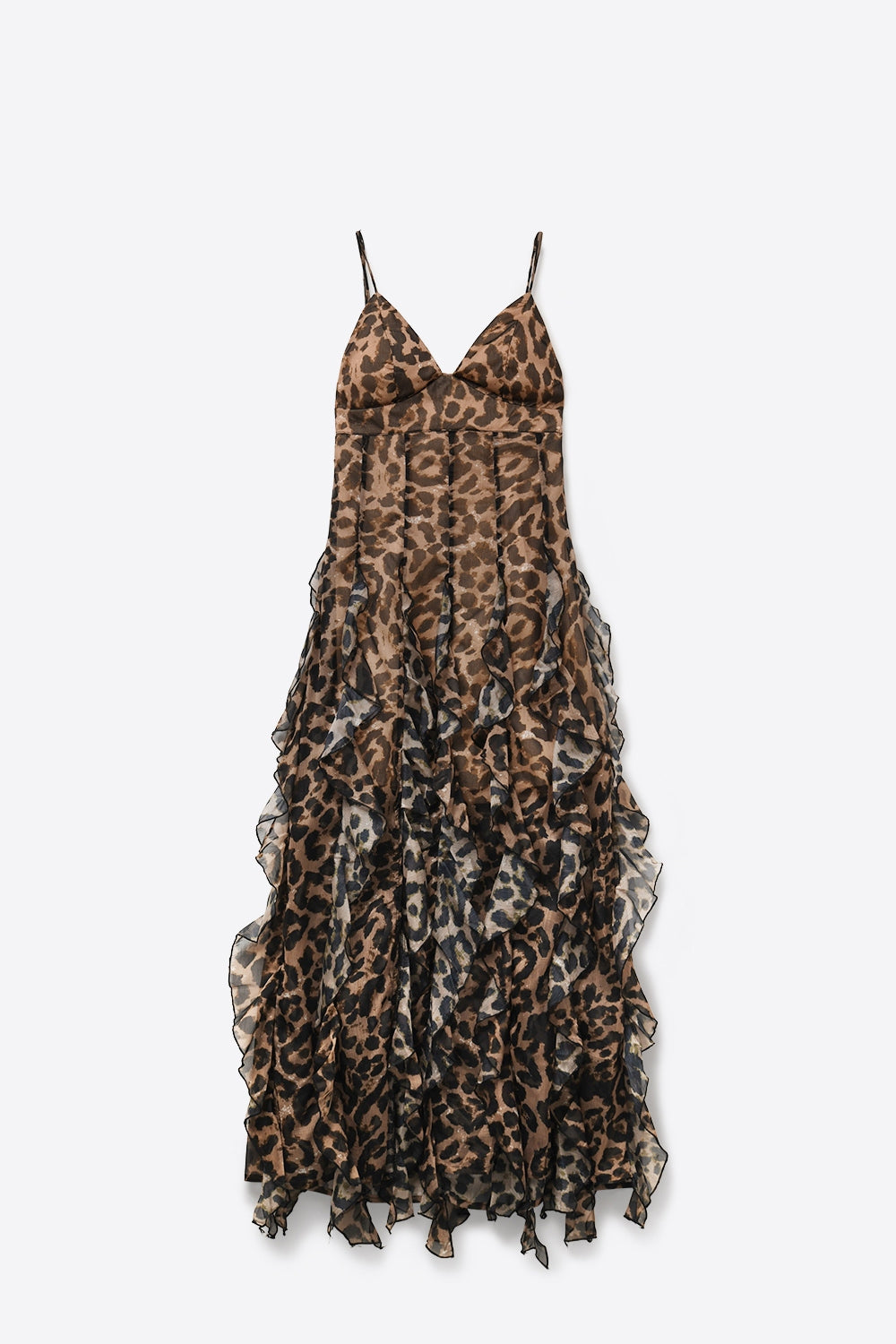 Brown Leopard Print Maxi Dress in chiffon fabric with Ruffled Hem