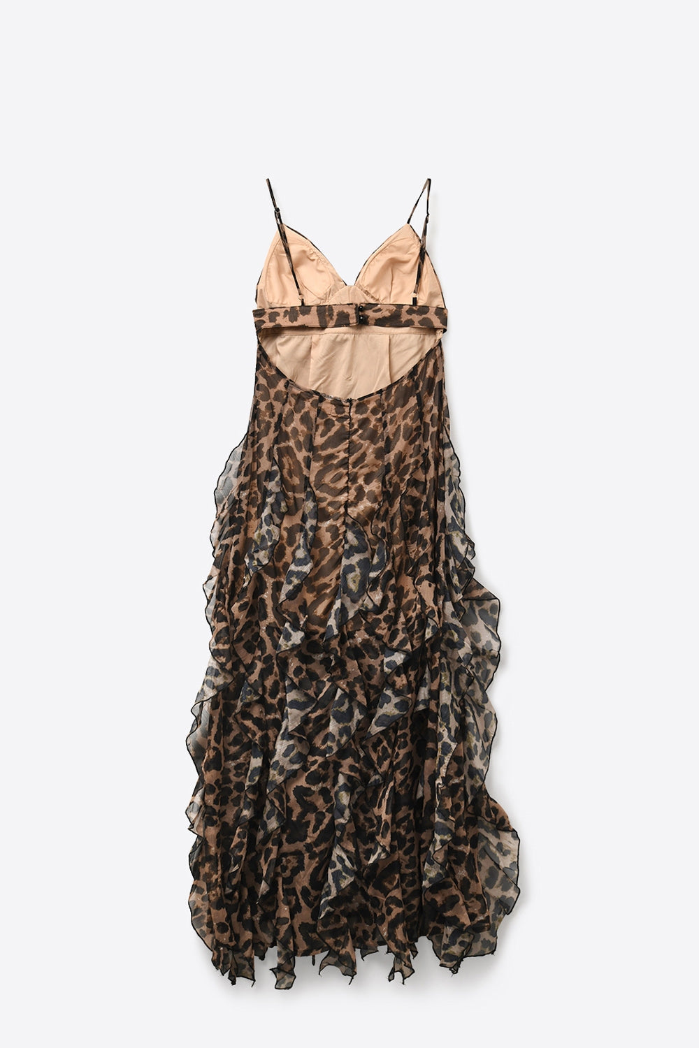 Brown Leopard Print Maxi Dress in chiffon fabric with Ruffled Hem
