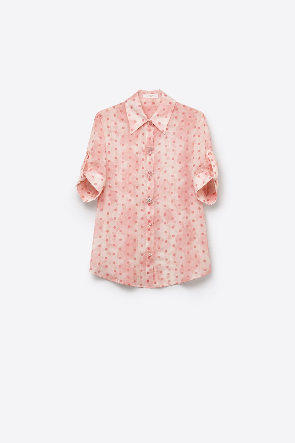 Light Pink Polka-Dot Chiffon Shirt with Crystal Buttons details