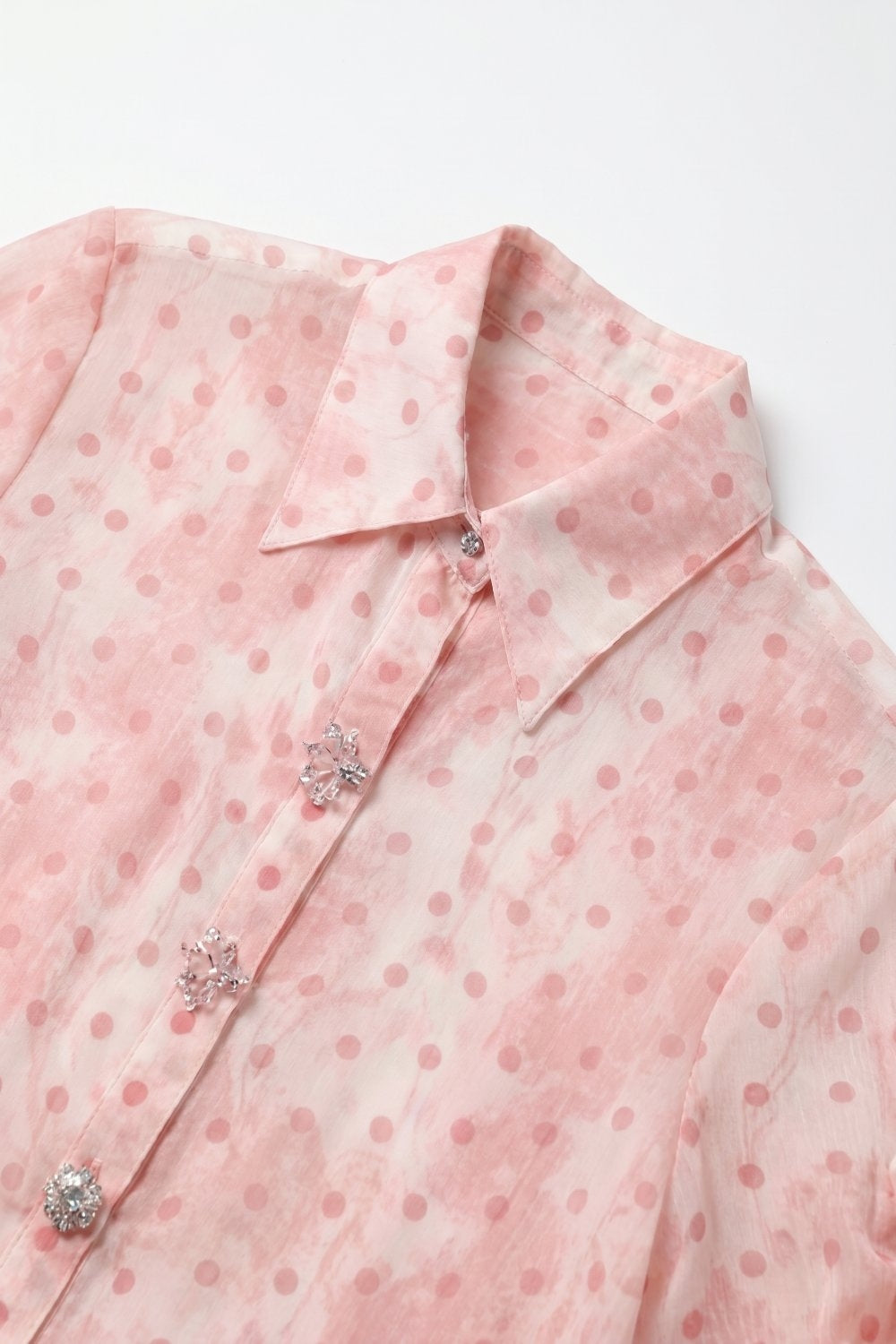 Light Pink Polka-Dot Chiffon Shirt with Crystal Buttons details