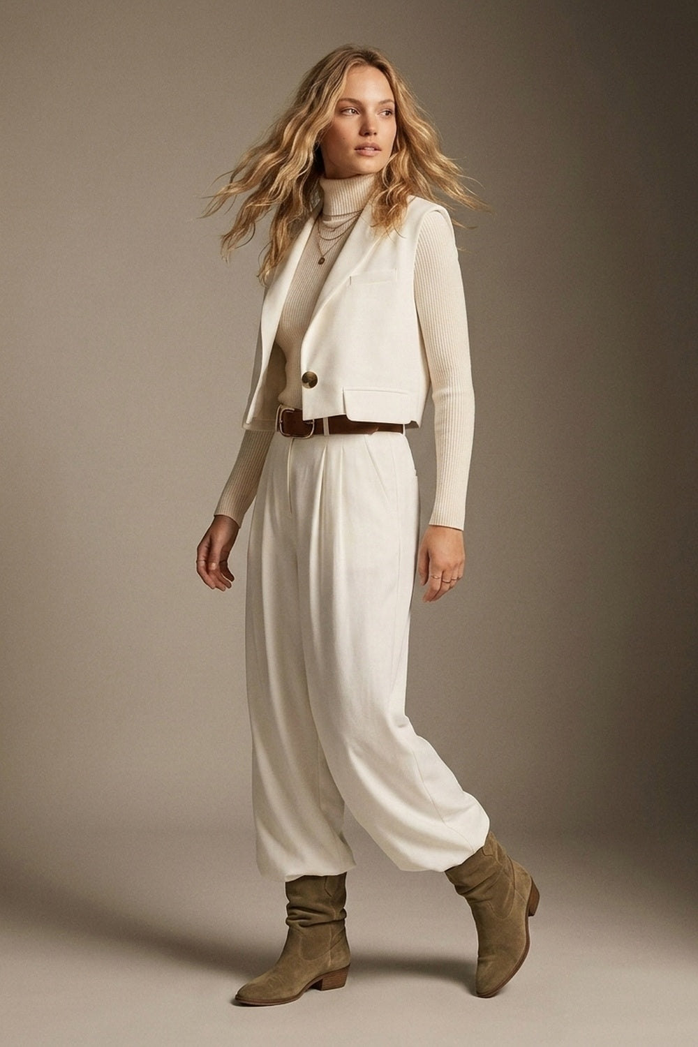 White Woven Tailored Shawl Lapel Single Button Cropped Vest