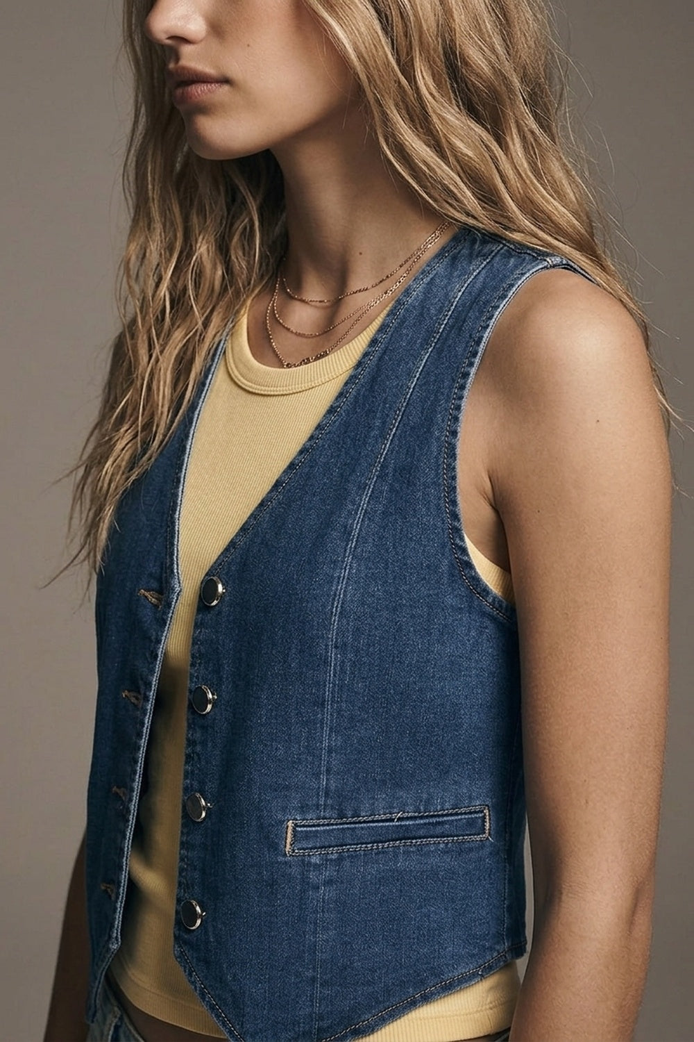 dark wash denim Vest with Silver Buttons