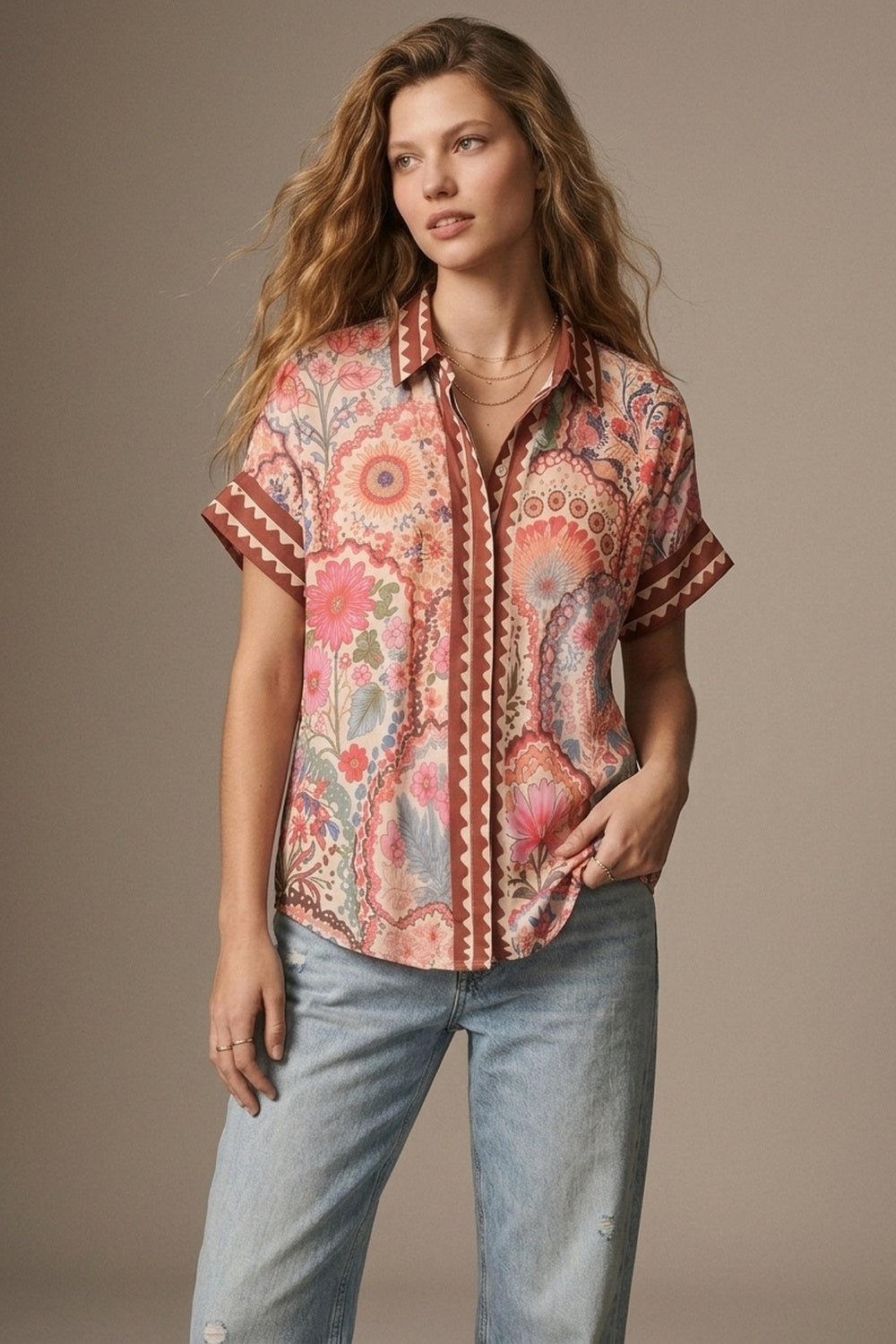 Multicolor Floral Print Lightweight facric Contrast Trim Shirt