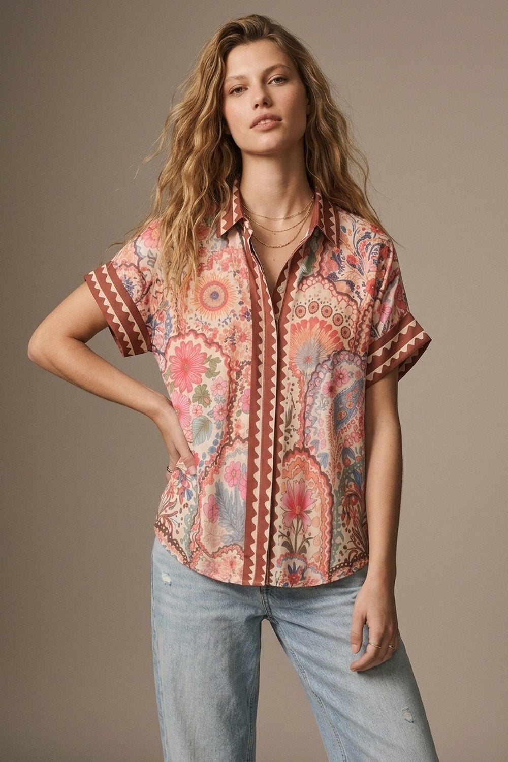 Multicolor Floral Print Lightweight facric Contrast Trim Shirt