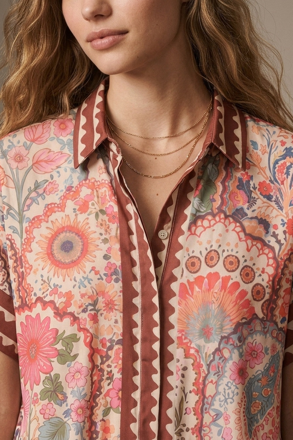Multicolor Floral Print Lightweight facric Contrast Trim Shirt
