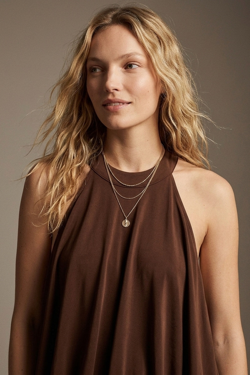 soft stretch fabric Halter Neck Maxi Dress in brown