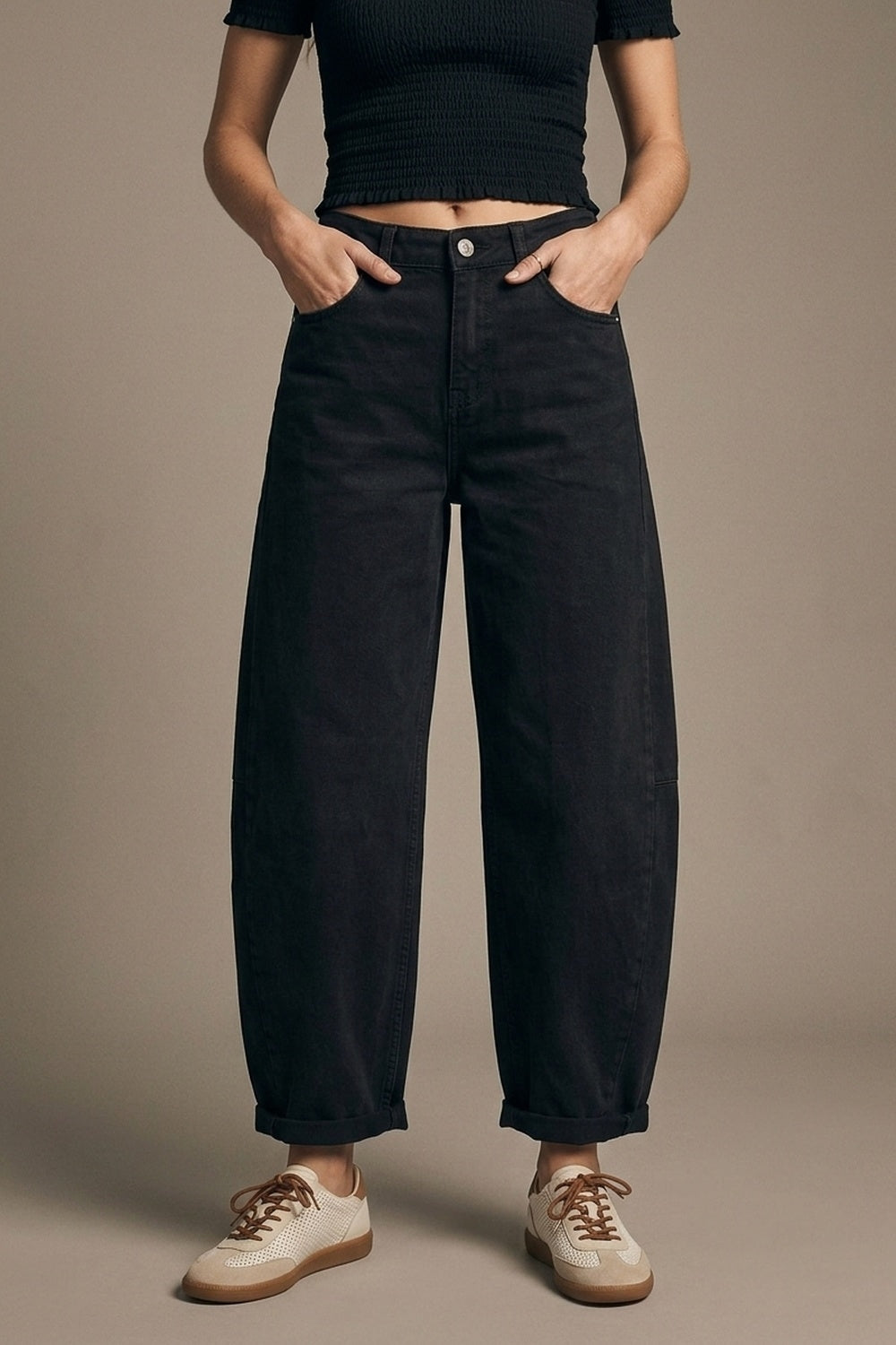 Black Wide-Leg Barrel style Pants with Rolled Hems