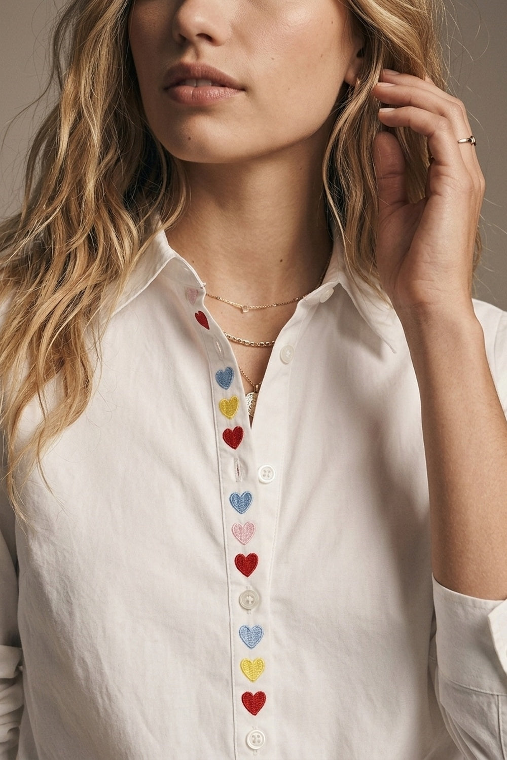 White Heart Embroidered Button Front Shirt