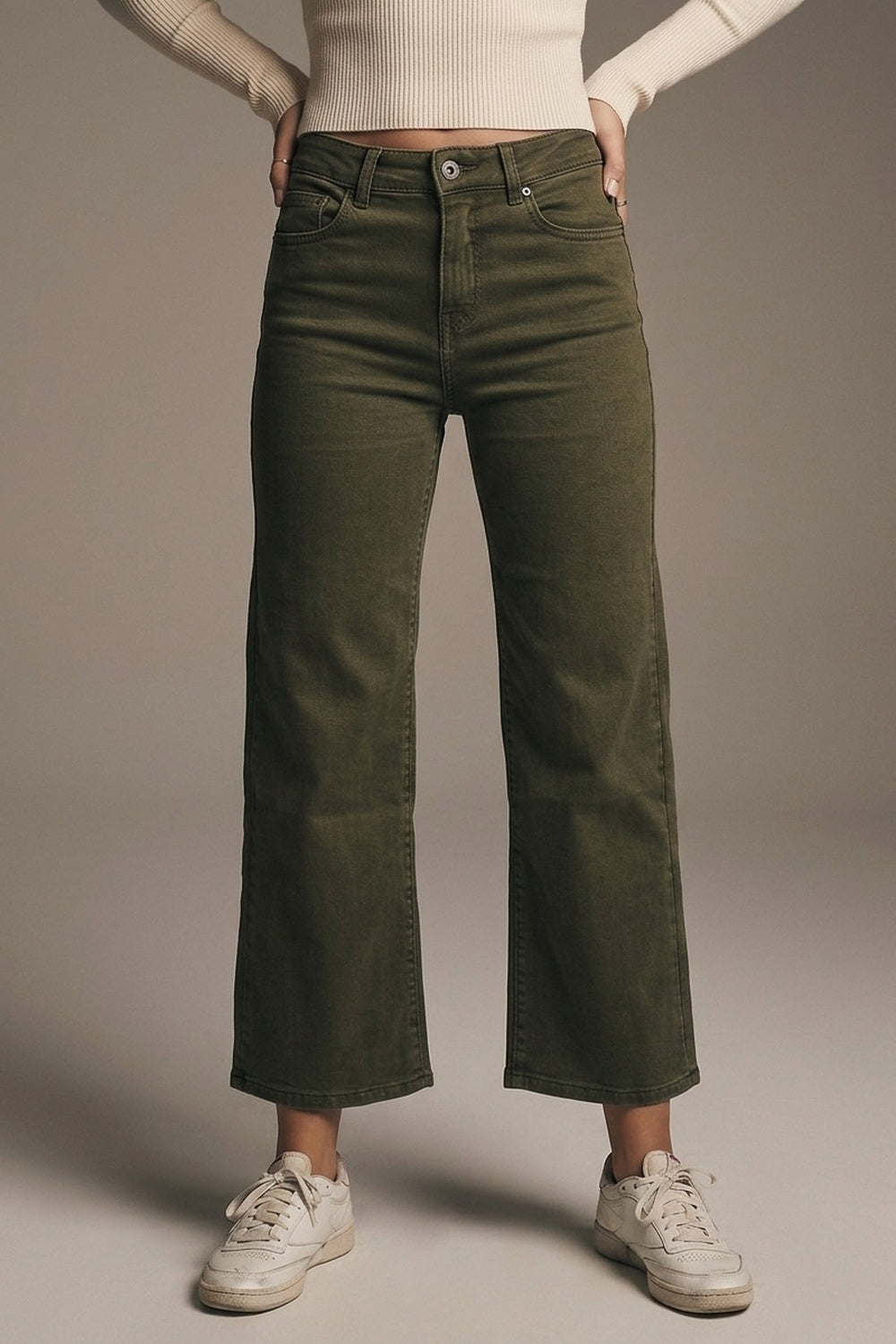Cropped wide leg jeans in khaki
