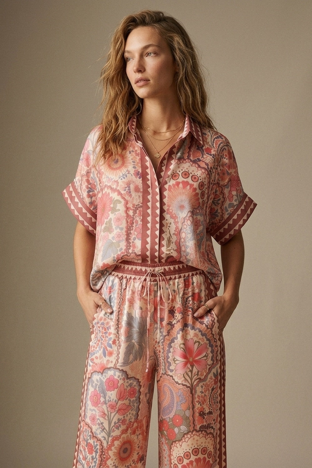 Multicolor Floral Print Lightweight facric Contrast Trim Shirt
