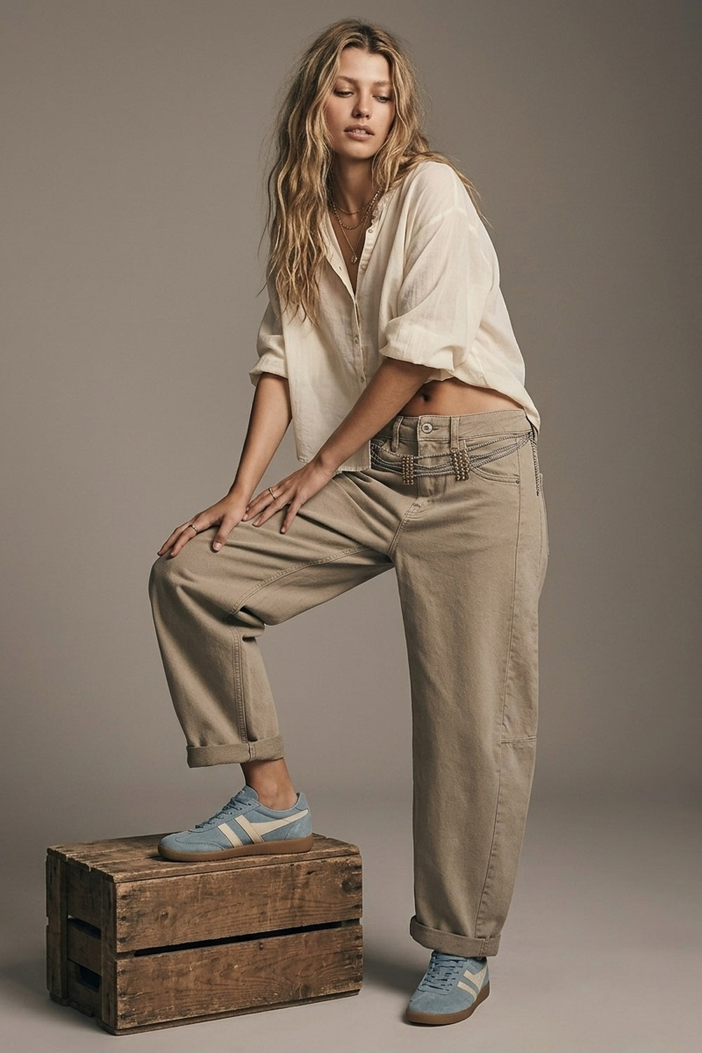 Trendy Beige Barrel Balloon Jeans with Pockets