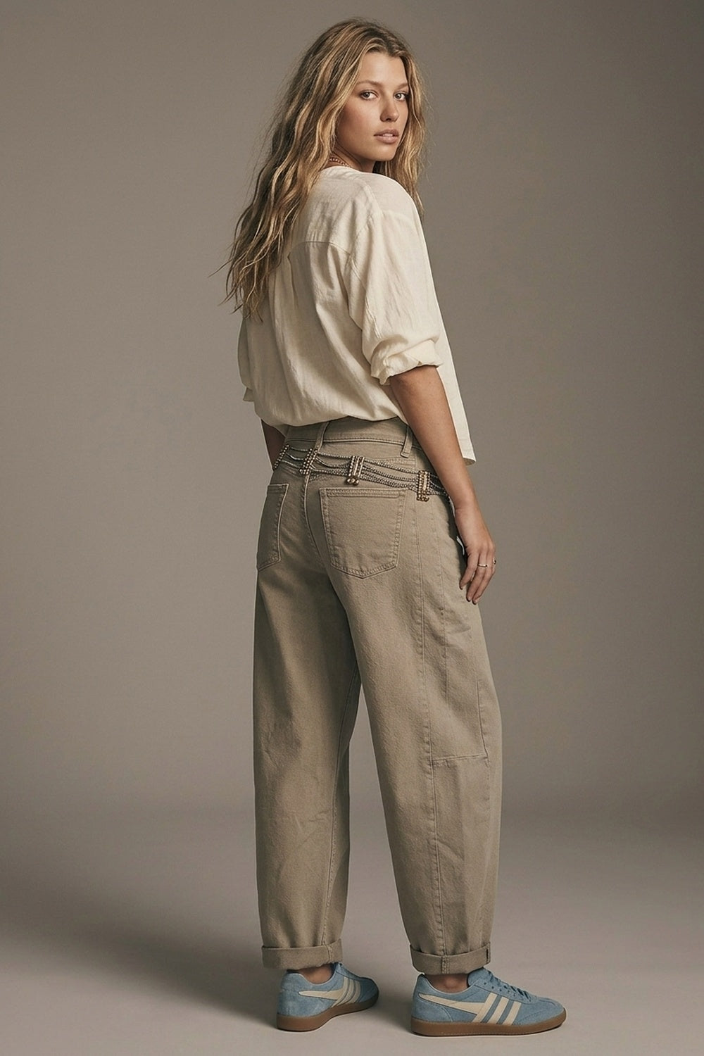 Trendy Beige Barrel Balloon Jeans with Pockets