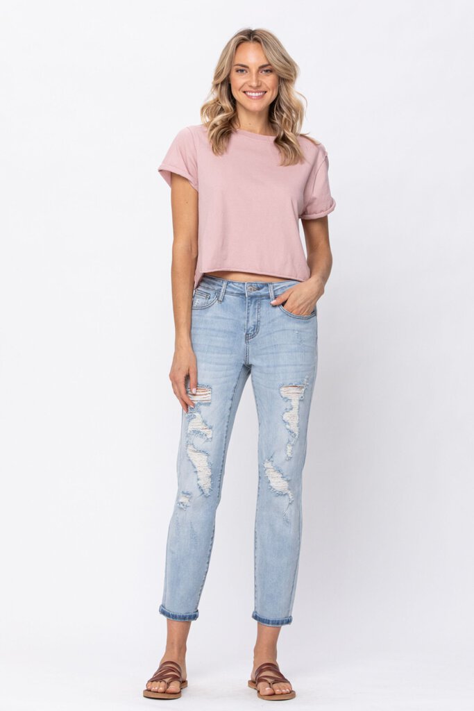 JUDY BLUE Light Wash Distress Mid-Rise Boyfriend Jean