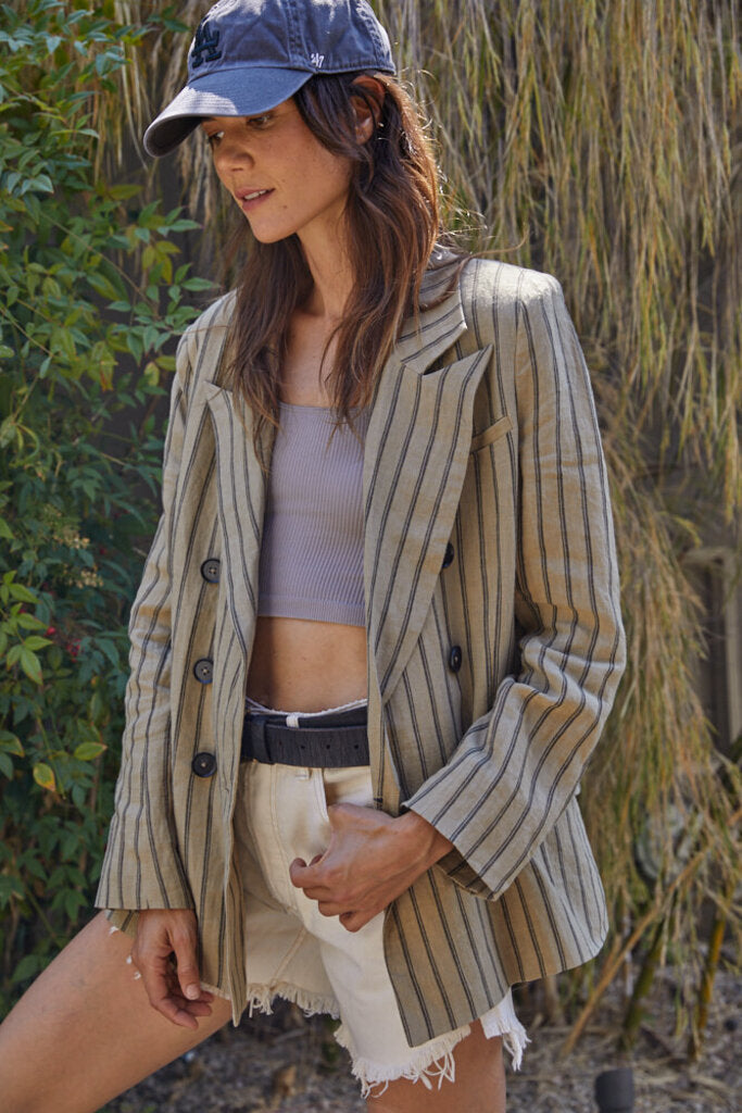 BY TOGETHER Mocha & Black Pinstripe Double-Breasted Blazer Jacket