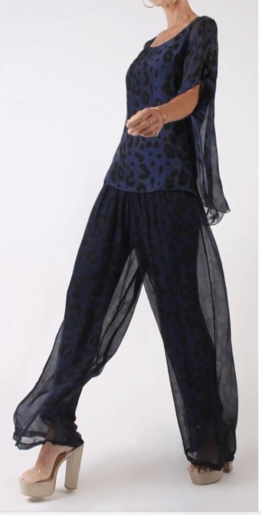 GIGI Printed Navy and Black Leopard Silky Lined Pant with Elastic Knit Waistband