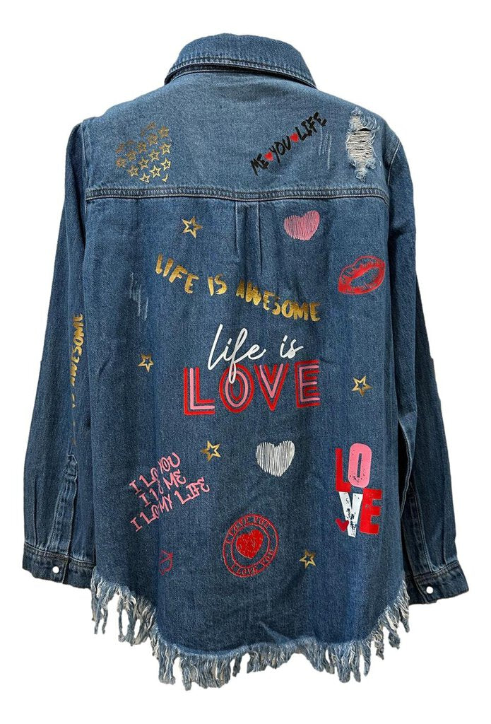 BULULU Life Is Love Denim Long Sleeve Shirt Top