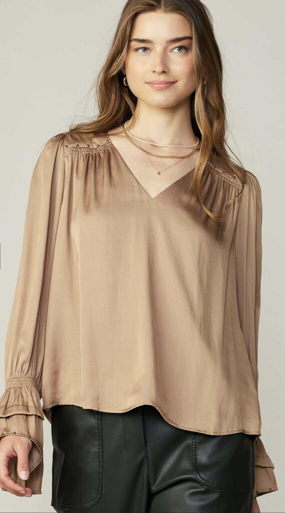 CURRENT AIR SAND LONG SLEEVE WITH STUDDED DETAILING BLOUSE TOP