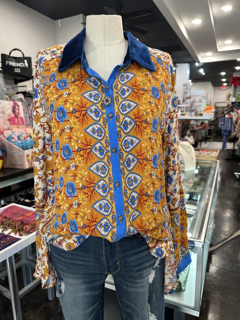 ARATTA Long Sleeve Mustard and Blue Mixed Floral Blouse Top