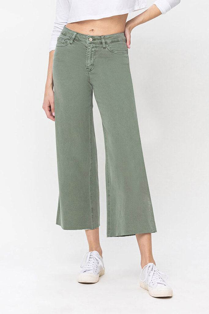 VERVET Army Green Wide Leg Unfinished Hemline Jean