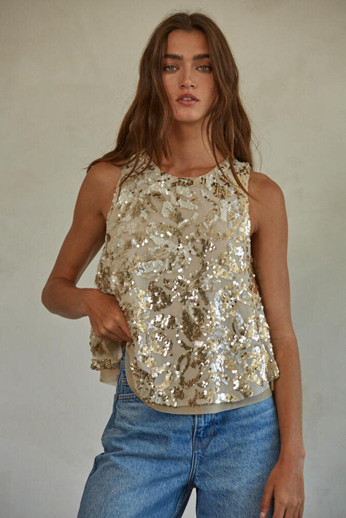 BY TOGETHER Sleeveless Gold Sequin Swing Tank Top