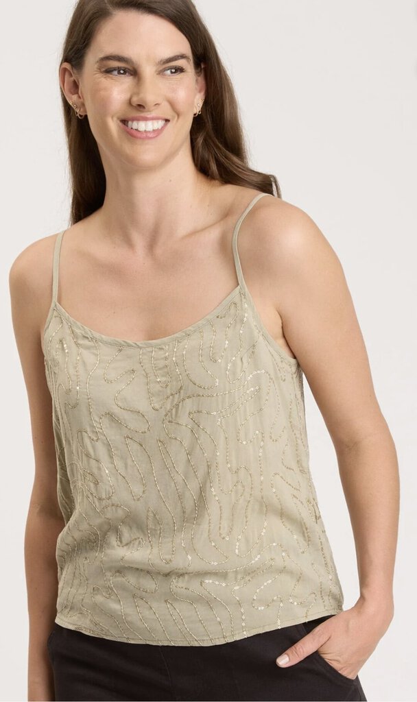 XCVI DUSTY GREEN ADJUSTABLE SPAGHETTI STRAP SEQUIN TOP