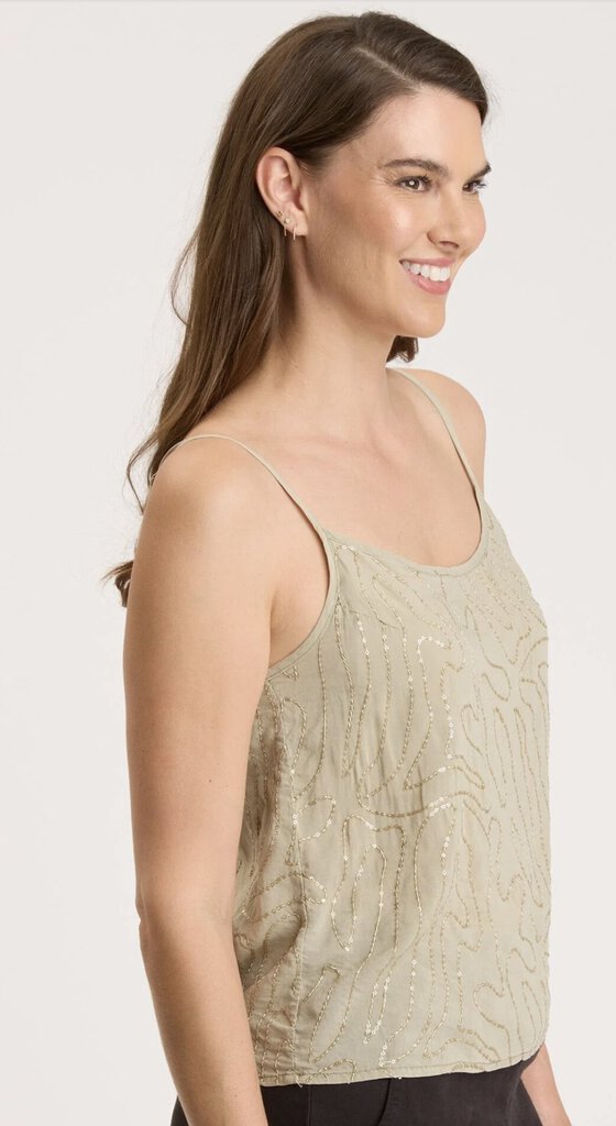 XCVI DUSTY GREEN ADJUSTABLE SPAGHETTI STRAP SEQUIN TOP