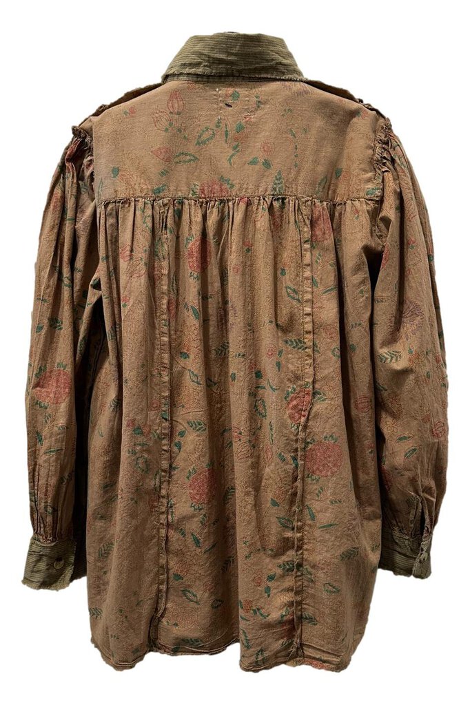 JADED GYPSY Tan floral and Stripes Long Sleeve Cotton Top with a Button-half Placket