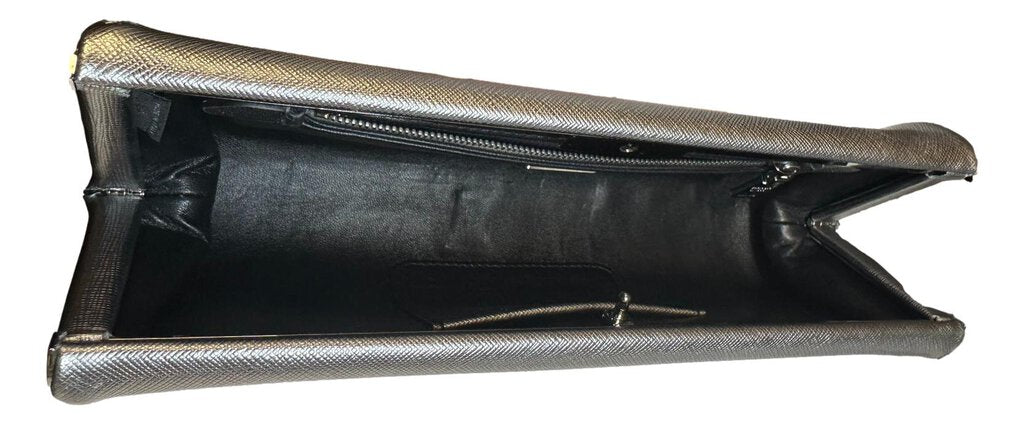 PRADA Silver Leather Saffiano East West Clutch Bag