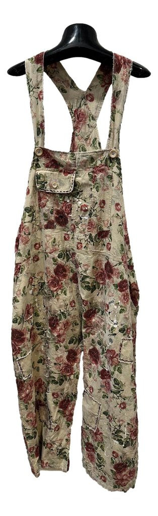 JADED GYPSY Cotton Endless Rose Distressed Travels Overalls One Size