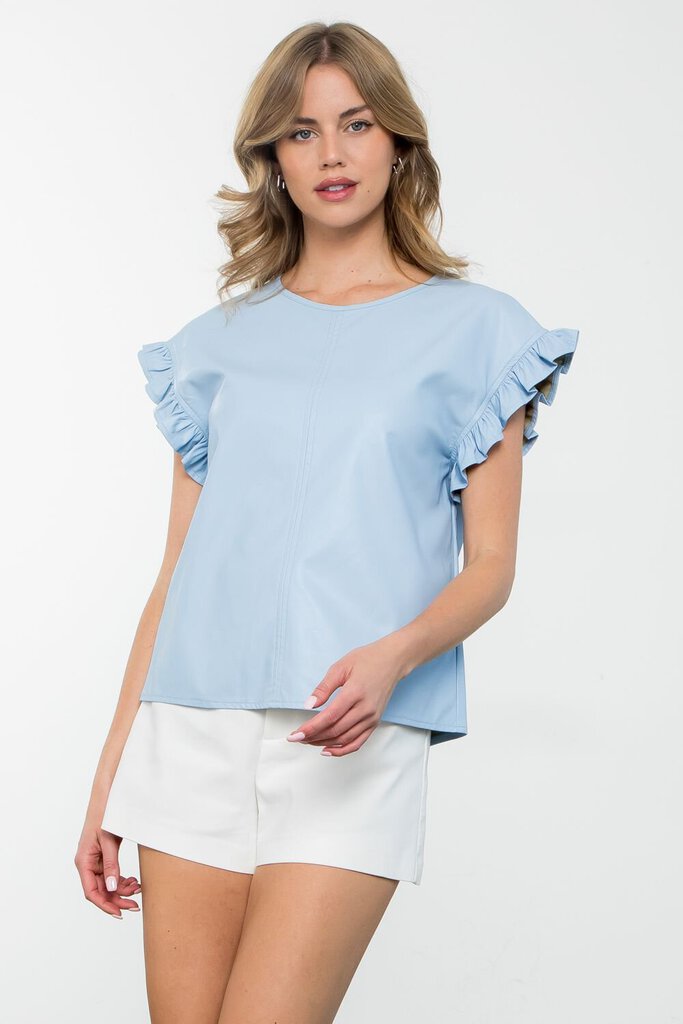 THML Powder Blue Pleather Ruched Sleeve Top