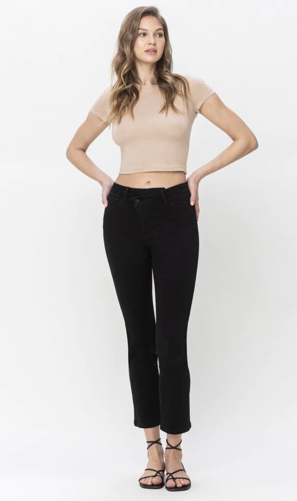 VERVET Black High Rise Crossover Waistband Slim Cropped Straight Jeans