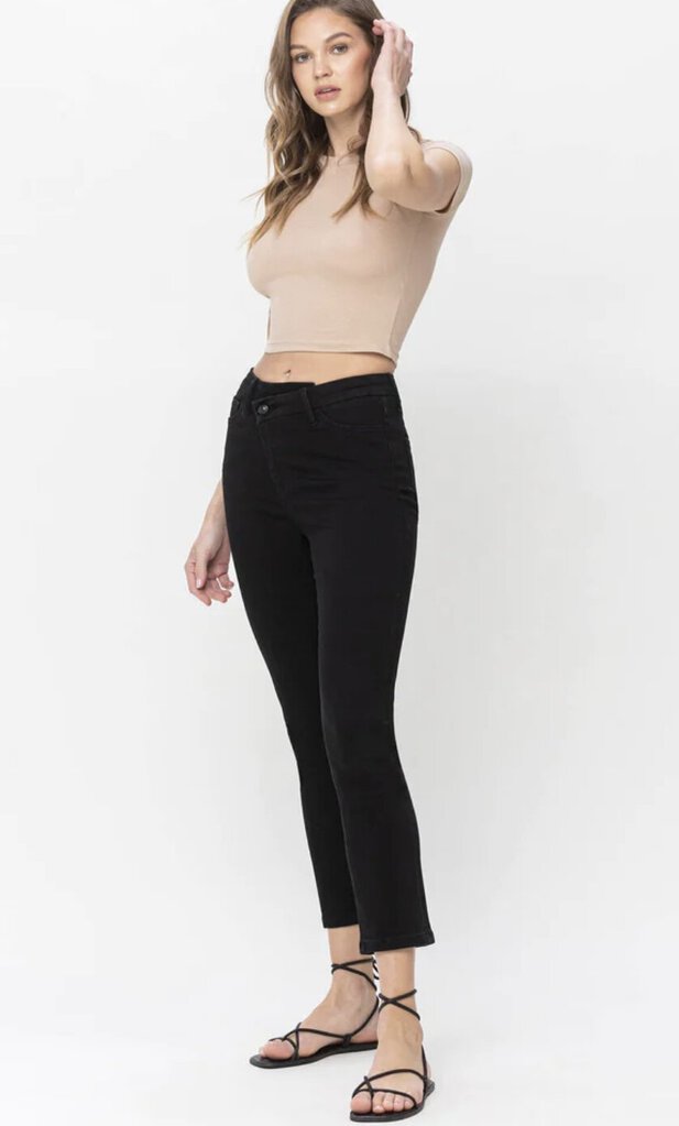 VERVET Black High Rise Crossover Waistband Slim Cropped Straight Jeans