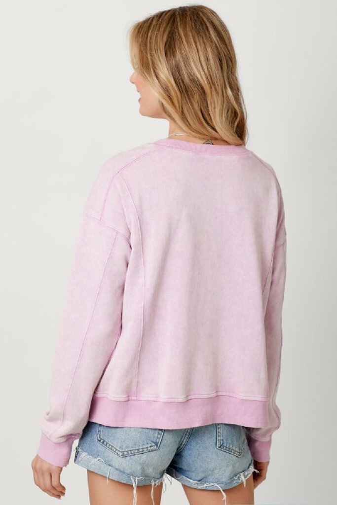 MYSTREE Washed Terry Cotton Lavender Pink Long Sleeve Top