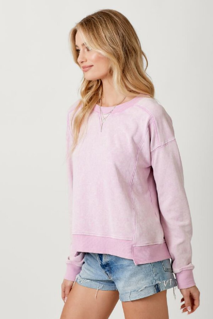 MYSTREE Washed Terry Cotton Lavender Pink Long Sleeve Top