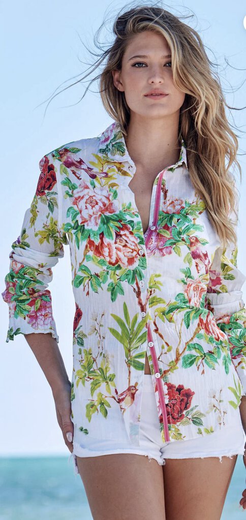 CINO White Crinkle Long Sleeve Button Down Floral Top