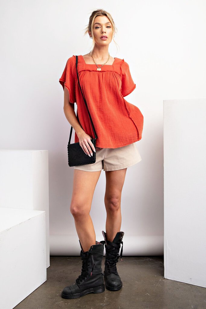 EASEL Spice Orange Mineral Washed Cotton Gauze Short Sleeve Top