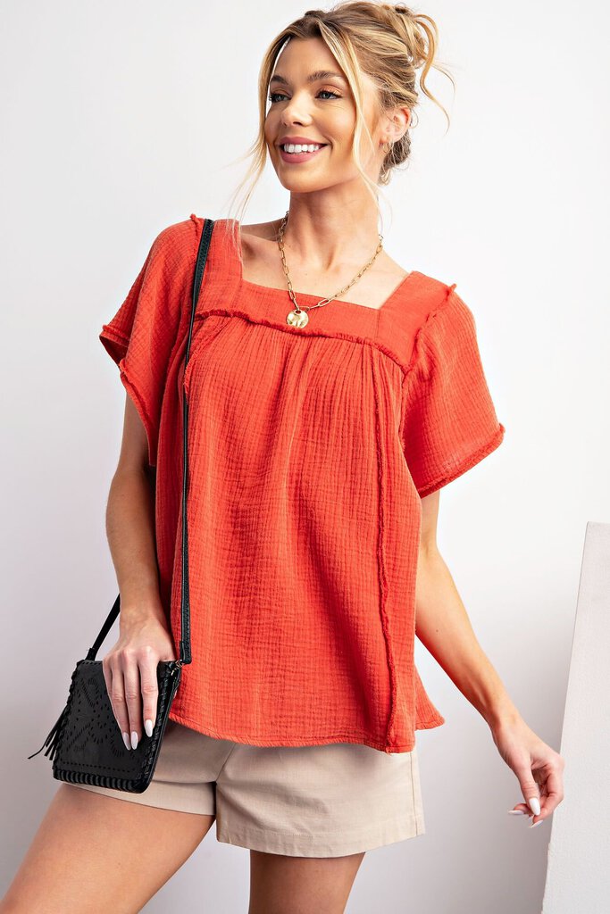 EASEL Spice Orange Mineral Washed Cotton Gauze Short Sleeve Top