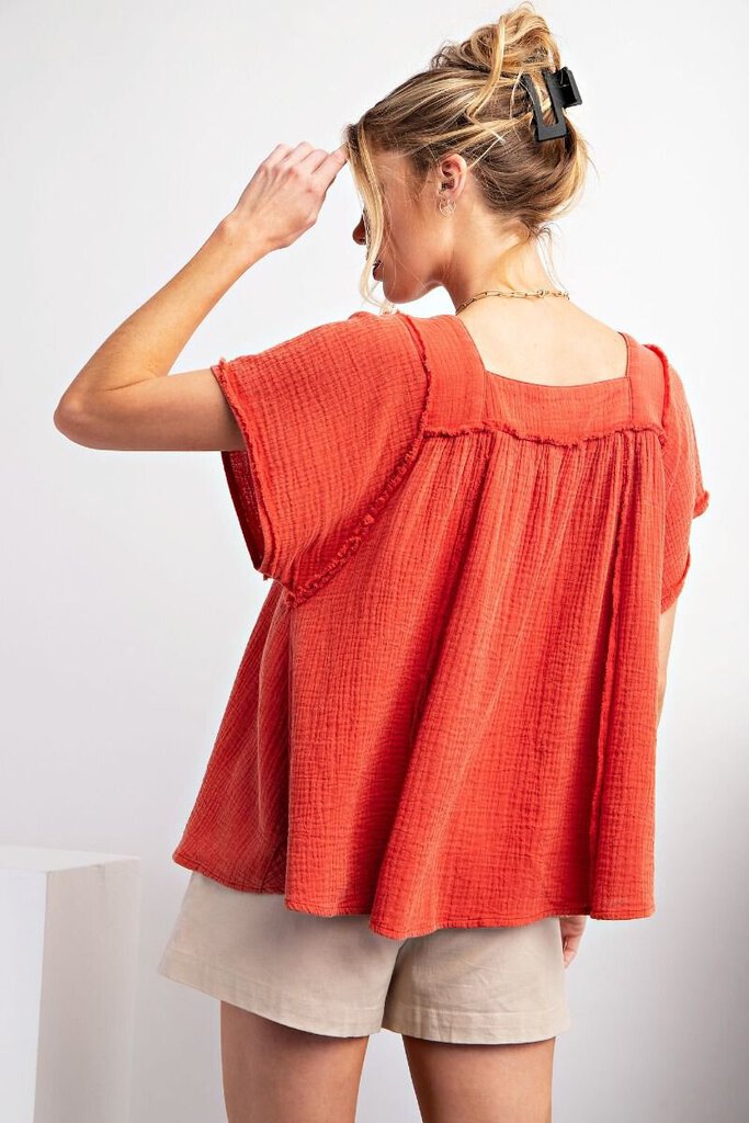 EASEL Spice Orange Mineral Washed Cotton Gauze Short Sleeve Top